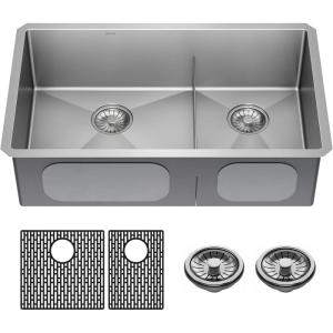 imageDELTA FAUCET Delta Lenta 32inch Undermount 16 Gauge Stainless Steel Double Bowl Kitchen Sink with Accessories 95303432D6SS Satin 32 Inch  Double Bowl32 Inch  Double Bowl