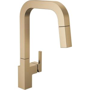 imageDelta Junction Brushed Nickel Kitchen Faucet with Pull Down Sprayer Modern Single Hole Kitchen Sink Faucet Single Handle Spotshield Stainless 19825LFSPChampagne Bronze