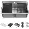 imageDELTA FAUCET Rivet 33Inch Workstation Kitchen Sink Undermount 16 Gauge Stainless Steel 5050 Double Bowl with WorkFlow Ledge and Chefs Kit of 9 Accessories 95B93133DSSStainless Steel