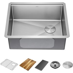 imageDELTA FAUCET 95B93227SSS Lorelai Workstation Kitchen Sink Undermount Stainless Steel Single Bowl with WorkFlow Ledge and Chefs Kit of 6 Accessories23in