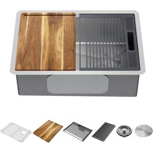 imageDELTA FAUCET 95B93227SSS Lorelai Workstation Kitchen Sink Undermount Stainless Steel Single Bowl with WorkFlow Ledge and Chefs Kit of 6 Accessories27in