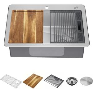 imageDELTA FAUCET 95B93227SSS Lorelai Workstation Kitchen Sink Undermount Stainless Steel Single Bowl with WorkFlow Ledge and Chefs Kit of 6 Accessories30in
