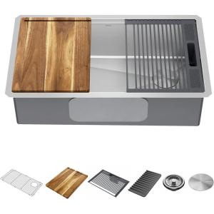 imageDELTA FAUCET 95B93227SSS Lorelai Workstation Kitchen Sink Undermount Stainless Steel Single Bowl with WorkFlow Ledge and Chefs Kit of 6 Accessories32in