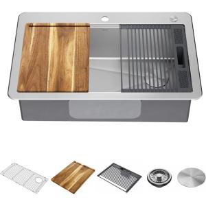 imageDELTA FAUCET 95B93227SSS Lorelai Workstation Kitchen Sink Undermount Stainless Steel Single Bowl with WorkFlow Ledge and Chefs Kit of 6 Accessories33in