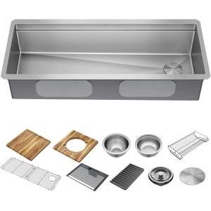 imageDELTA FAUCET 95B93227SSS Lorelai Workstation Kitchen Sink Undermount Stainless Steel Single Bowl with WorkFlow Ledge and Chefs Kit of 6 Accessories45in