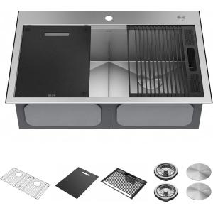 imageDELTA FAUCET Rivet 33Inch Workstation Kitchen Sink Undermount 16 Gauge Stainless Steel 5050 Double Bowl with WorkFlow Ledge and Chefs Kit of 9 Accessories 95B93133DSSStainless Steel