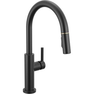imageDelta Nicoli Matte Black Kitchen Faucet with Pull Down Sprayer Modern Single Hole Kitchen Sink Faucet Single Handle Matte Black 19867LFBLMatte Black  Champagne Bronze