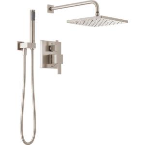 imageDelta Faucet Modern Raincan 2Setting Square Shower System Including Rain Shower Head and Handheld Spray Gold Rainfall Shower System Gold Shower Valve and Trim Kit Champagne Bronze 342701CZSpotShield Stainless