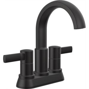 imageDelta Albion Centerset Matte Black Bathroom Faucet 4 Inch 3 Hole Bathroom Sink Faucet for Vanity Metal PushPop Drain Assembly Matte Black 25855LFBLMatte Black
