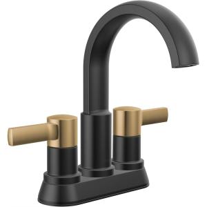 imageDelta Albion Centerset Matte Black Bathroom Faucet 4 Inch 3 Hole Bathroom Sink Faucet for Vanity Metal PushPop Drain Assembly Matte Black 25855LFBLMatte Black  Champagne Bronze