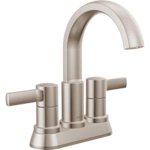imageDelta Albion Centerset Matte Black Bathroom Faucet 4 Inch 3 Hole Bathroom Sink Faucet for Vanity Metal PushPop Drain Assembly Matte Black 25855LFBLSpotshield Stainless