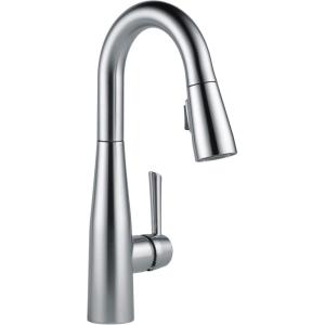 imageDelta Essa Brushed Nickel Bar Sink Faucet with Pull Down Sprayer Modern Single Hole Prep Sink Faucet Single Handle Arctic Stainless 9913ARDSTArctic Stainless