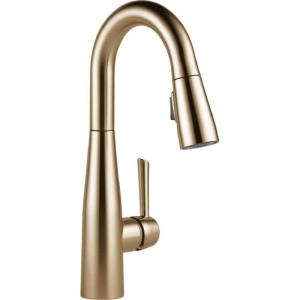 imageDelta Essa Brushed Nickel Bar Sink Faucet with Pull Down Sprayer Modern Single Hole Prep Sink Faucet Single Handle Arctic Stainless 9913ARDSTChampagne Bronze
