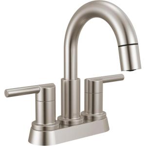 imageDelta Nicoli PullDown Centerset Bathroom Faucet Matte Black High Arc 3Hole Bathroom Sink Faucet with Sprayer PushPop Drain Assembly Matte Black 25749LFBLPDStainless