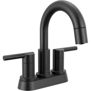 imageDelta Nicoli PullDown Centerset Bathroom Faucet Matte Black High Arc 3Hole Bathroom Sink Faucet with Sprayer PushPop Drain Assembly Matte Black 25749LFBLPDMatte Black
