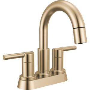 imageDelta Nicoli PullDown Centerset Bathroom Faucet Matte Black High Arc 3Hole Bathroom Sink Faucet with Sprayer PushPop Drain Assembly Matte Black 25749LFBLPDChampagne Bronze
