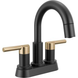 imageDelta Nicoli PullDown Centerset Bathroom Faucet Matte Black High Arc 3Hole Bathroom Sink Faucet with Sprayer PushPop Drain Assembly Matte Black 25749LFBLPDMatte BlackChampagne Bronze