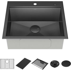 imageDelta Rivet 27 Inch Black Stainless Steel Undermount 16 Gauge Workstation Kitchen Sink Single Bowl in PVD Gunmetal Finish with WorkFlow Ledge and Accessories 95B903127SGSGunmetal