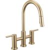 imageDelta Nicoli Matte Black Kitchen Faucet with Pull Down Sprayer Bridge 3 Hole Modern Kitchen Sink Faucet TwoHandle Matte Black 39876LFBLChampagne Bronze