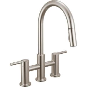 imageDelta Nicoli Matte Black Kitchen Faucet with Pull Down Sprayer Bridge 3 Hole Modern Kitchen Sink Faucet TwoHandle Matte Black 39876LFBLStainless