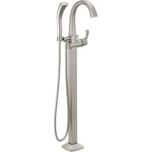 imageDelta DT4777SSFL Stryke Floor Mounted Tub Filler with Integrated Diverter and Hand Shower  Less Rough In StainlessStainless