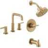 imageDelta Faucet Nicoli 14 Series SingleHandle Tub and Shower Trim Kit with 5Spray H2Okinetic Shower Head and Widespread Bathroom Faucet in Brushed Nickel Shower Valve IncludedChampagne Bronze