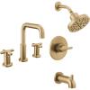 imageDelta Faucet Nicoli 14 Series SingleHandle Tub and Shower Trim Kit with 5Spray H2Okinetic Shower Head and Widespread Bathroom Faucet in Brushed Nickel Shower Valve IncludedChampagne Bronze