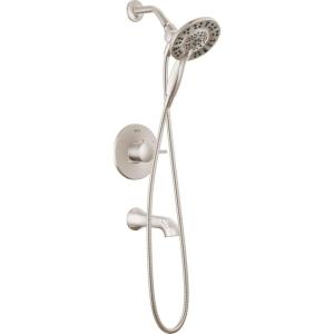 imageDelta Faucet Albion 14 Series SingleHandle Tub and Shower Faucet Set Gold Shower Trim Kit with 4Setting In2ition 2in1 Dual Shower Head Champagne Bronze T144855CZI Valve Not IncludedSpotshield Brushed Nickel