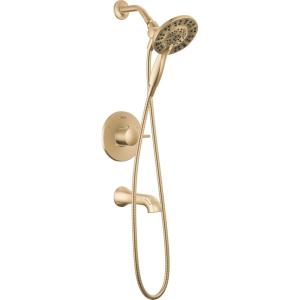 imageDelta Faucet Albion 14 Series SingleHandle Tub and Shower Faucet Set Gold Shower Trim Kit with 4Setting In2ition 2in1 Dual Shower Head Champagne Bronze T144855CZI Valve Not IncludedChampagne Bronze