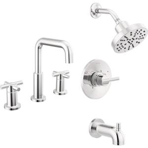 imageDelta Faucet Nicoli 14 Series SingleHandle Tub and Shower Trim Kit with 5Spray H2Okinetic Shower Head and Widespread Bathroom Faucet in Brushed Nickel Shower Valve IncludedChrome