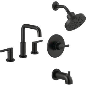 imageDelta Faucet Nicoli 14 Series SingleHandle Tub and Shower Trim Kit with 5Spray H2Okinetic Shower Head and Widespread Bathroom Faucet in Brushed Nickel Shower Valve IncludedMatte Black