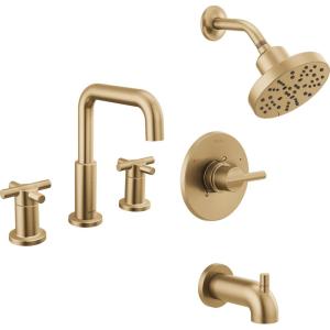 imageDelta Faucet Nicoli 14 Series SingleHandle Tub and Shower Trim Kit with 5Spray H2Okinetic Shower Head and Widespread Bathroom Faucet in Brushed Nickel Shower Valve IncludedChampagne Bronze