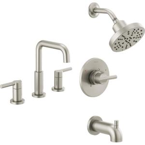 imageDelta Faucet Nicoli 14 Series SingleHandle Tub and Shower Trim Kit with 5Spray H2Okinetic Shower Head and Widespread Bathroom Faucet in Brushed Nickel Shower Valve IncludedStainless