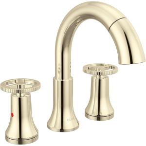 imageDelta Trinsic PullDown Widespread Bathroom Faucet with Wheel Handle Polished Nickel High Arc 3Hole Bathroom Sink Faucet with Sprayer Metal PushPop Drain Assembly Polished Nickel 3558PNPDDSTPolished Nickel