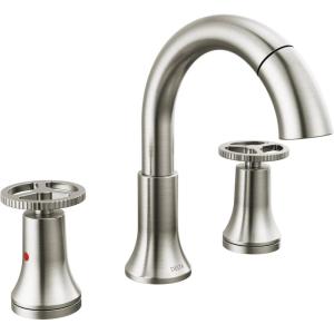 imageDelta Trinsic PullDown Widespread Bathroom Faucet with Wheel Handle Polished Nickel High Arc 3Hole Bathroom Sink Faucet with Sprayer Metal PushPop Drain Assembly Polished Nickel 3558PNPDDSTStainless