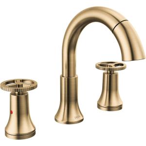 imageDelta Trinsic PullDown Widespread Bathroom Faucet with Wheel Handle Polished Nickel High Arc 3Hole Bathroom Sink Faucet with Sprayer Metal PushPop Drain Assembly Polished Nickel 3558PNPDDSTChampagne Bronze
