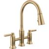 imageDelta Renaldi Matte Black Kitchen Faucet with Pull Down Sprayer Bridge 3 Hole Modern Kitchen Sink Faucet TwoHandle Matte Black 2384LBLDSTLumicoat Champagne Bronze