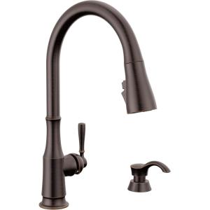 imageDelta Capertee Matte Black Kitchen Faucet with Pull Down Sprayer and Soap Dispenser Modern Single Hole Kitchen Sink Faucet Single Handle Matte Black 19877ZBLSDDSTVenetian Bronze