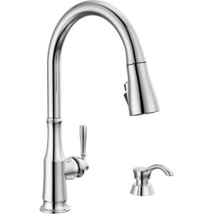 imageDelta Capertee Matte Black Kitchen Faucet with Pull Down Sprayer and Soap Dispenser Modern Single Hole Kitchen Sink Faucet Single Handle Matte Black 19877ZBLSDDSTChrome