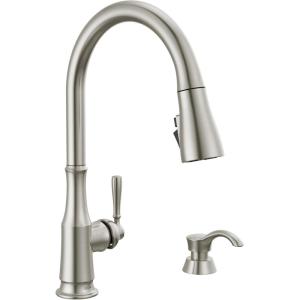 imageDelta Capertee Matte Black Kitchen Faucet with Pull Down Sprayer and Soap Dispenser Modern Single Hole Kitchen Sink Faucet Single Handle Matte Black 19877ZBLSDDSTSpotshield Stainless