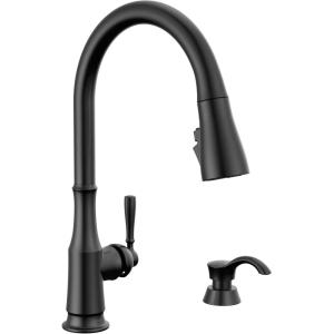 imageDelta Capertee Matte Black Kitchen Faucet with Pull Down Sprayer and Soap Dispenser Modern Single Hole Kitchen Sink Faucet Single Handle Matte Black 19877ZBLSDDSTMatte Black