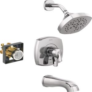 imageDelta Faucet Stryke 14 Series SingleFunction Tub and Shower Trim Kit Shower Faucet SingleSpray H2Okinetic Shower Head Matte Black T14476BL Valve Not IncludedChrome