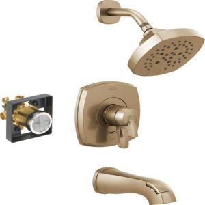 imageDelta Faucet Stryke 14 Series SingleFunction Tub and Shower Trim Kit Shower Faucet SingleSpray H2Okinetic Shower Head Matte Black T14476BL Valve Not IncludedChampagne Bronze