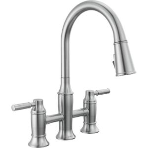 imageDelta Renaldi Matte Black Kitchen Faucet with Pull Down Sprayer Bridge 3 Hole Modern Kitchen Sink Faucet TwoHandle Matte Black 2384LBLDSTArtic Stainless
