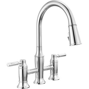 imageDelta Renaldi Matte Black Kitchen Faucet with Pull Down Sprayer Bridge 3 Hole Modern Kitchen Sink Faucet TwoHandle Matte Black 2384LBLDSTChrome