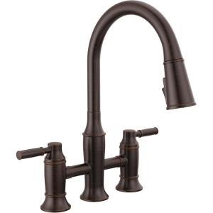 imageDelta Renaldi Matte Black Kitchen Faucet with Pull Down Sprayer Bridge 3 Hole Modern Kitchen Sink Faucet TwoHandle Matte Black 2384LBLDSTVenetian Bronze