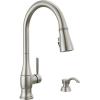 imageDelta Hazelwood Brushed Nickel Kitchen Faucet with Pull Down Sprayer and Soap Dispenser Modern Single Hole Kitchen Sink Faucet Single Handle Spotshield Stainless 19831ZSPSDDSTSpotshield Stainless