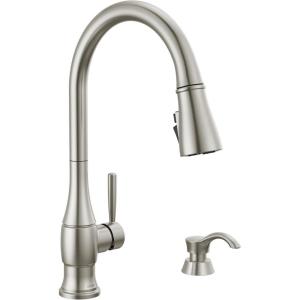 imageDelta Hazelwood Brushed Nickel Kitchen Faucet with Pull Down Sprayer and Soap Dispenser Modern Single Hole Kitchen Sink Faucet Single Handle Spotshield Stainless 19831ZSPSDDSTSpotshield Stainless