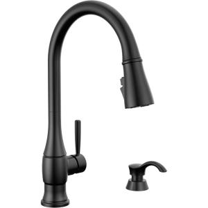 imageDelta Hazelwood Brushed Nickel Kitchen Faucet with Pull Down Sprayer and Soap Dispenser Modern Single Hole Kitchen Sink Faucet Single Handle Spotshield Stainless 19831ZSPSDDSTMatte Black