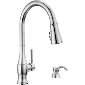 imageDelta Hazelwood Brushed Nickel Kitchen Faucet with Pull Down Sprayer and Soap Dispenser Modern Single Hole Kitchen Sink Faucet Single Handle Spotshield Stainless 19831ZSPSDDSTChrome